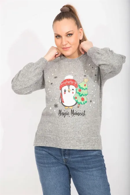 Kadın Gri İnci Ve Baskı Detaylı Yumoş Kumaş Bluz 65N35497