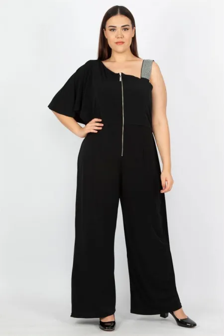 Kadın Büyük Beden Siyah Payet Ve Fermuar Detaylı Tulum 65N37442