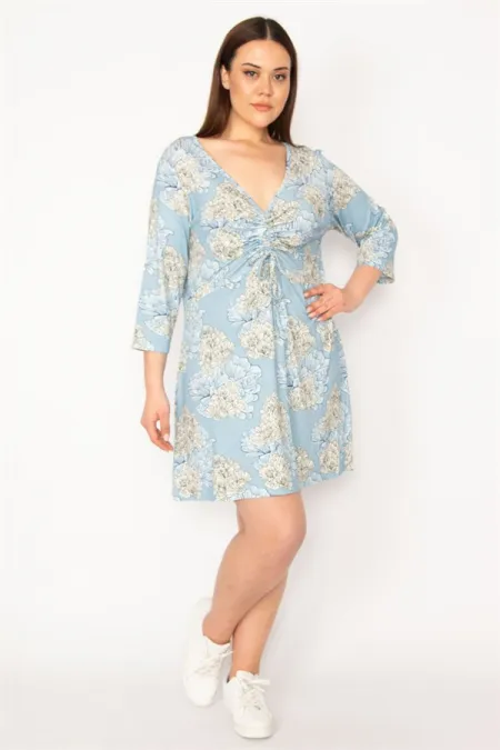 Kadın Mavi Göğüs Büzgü Detaylı Tunik 65N32937