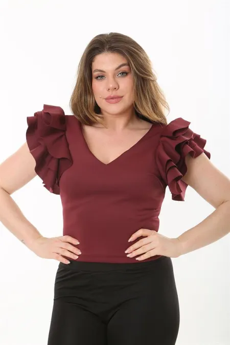 Kadın Büyük Beden Bordo Volan Kollu Arka Gizli Fermuarlı Bluz 65N37533