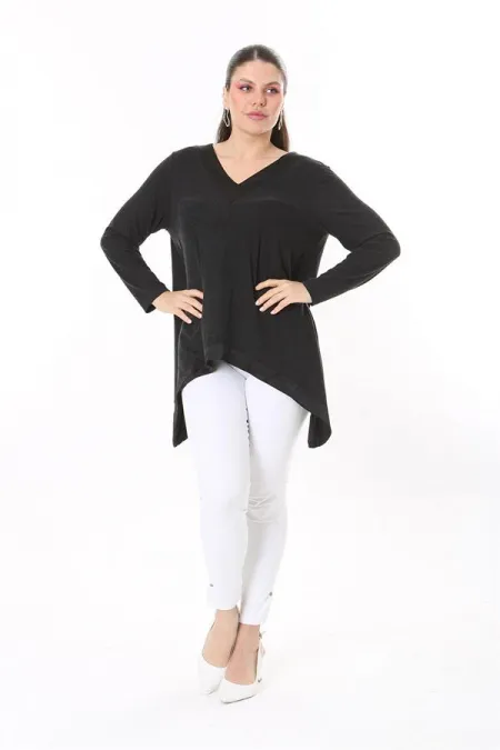Kadın Büyük Beden Antrasit Yaka Ve Etek Ucu Saten Garnili Uzun Kollu Bluz 65N37686
