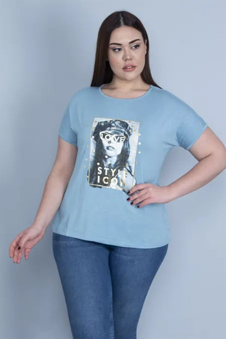 Kadın Mavi Lak Baskılı Düşük Kol Bluz 65N22983