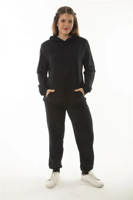 Kadın Büyük Beden Siyah Kanguru Cep Ve Kapşonlu Sweatshirt Pantolon İliki Takım 65N37053