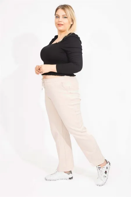 Kadın Bej Beli Kuşgözü Bağcık Ve Lastikli Yan Cepli Eşofman Alt 65N35418