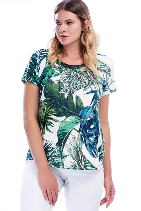 KADIN YEŞİL YAKASI SİMLİ KISA KOLLU DESENLİ BLUZ