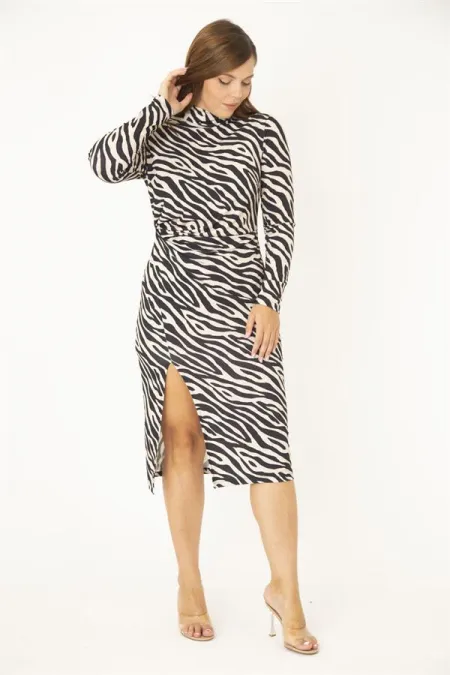 WOMEN'S BLACK STAND-UP COLLAR WAIST DRESS WITH DRESSING AND SLITTLE DETAILED