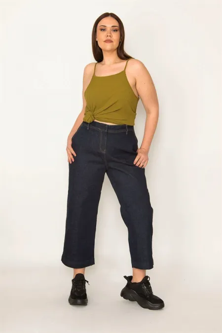 WOMEN'S NAVY BLUE CLASSIC CUT SIDE POCKET WIDE LEG ANKLE LENGTH JEANS