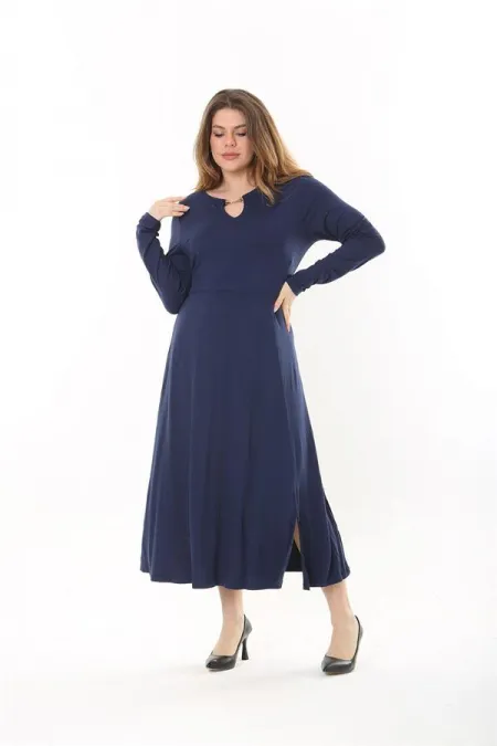 Kadın Büyük Beden Lacivert Öpücük Yakalı Uzun Kollu Elbise 65N37558