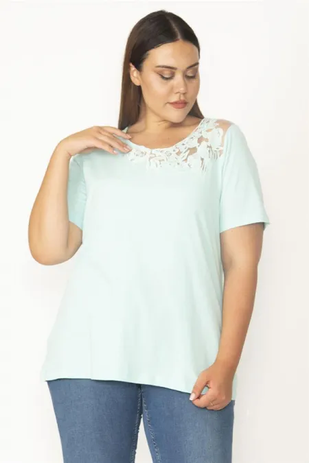 Kadın Yeşil Büyük Beden Pamuklu Kumaş Yaka Dantelli Bluz 65N35688