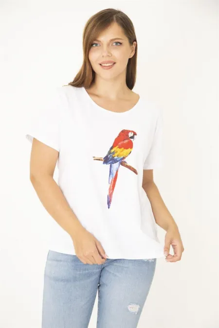 Kadın Büyük Beden Beyaz Pamuk Kumaş Ön Baskılı Bluz 65N36938