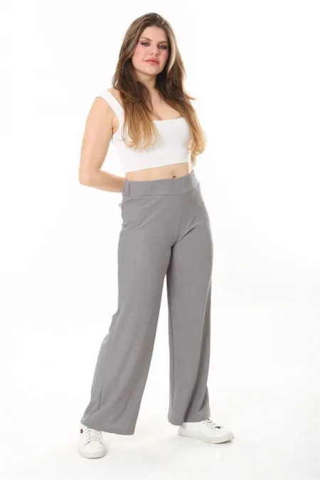 Kadın Büyük Beden Gri Beli Lastikli Bürümcük Pantolon 65N37888