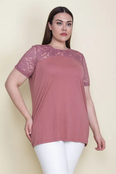 Kadın Pudra Roba Ve Kolları Dantel Detaylı Bluz 65N23574