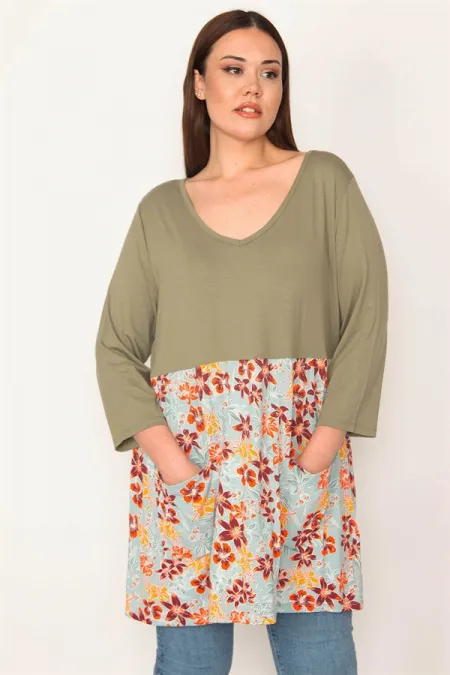 KADIN HAKİ ETEĞİ DESENLİ CEPLİ TUNİK ELBİSE