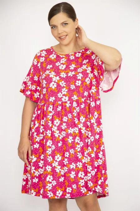 Kadın Büyük Beden Renkli Bisiklet Yakalı Volan Kollu Belden Büzgülü Elbise