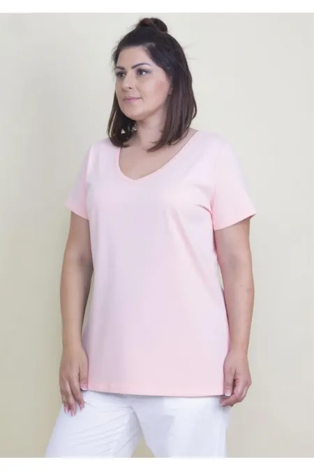 Kadın Büyük Beden Pembe Pamuklu Kumaş V Yaka Bluz