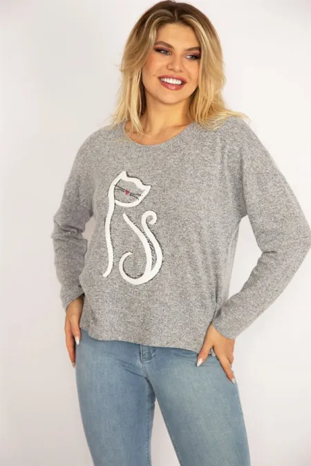 Kadın Gri Ön Nakışlı Bluz 65N34847