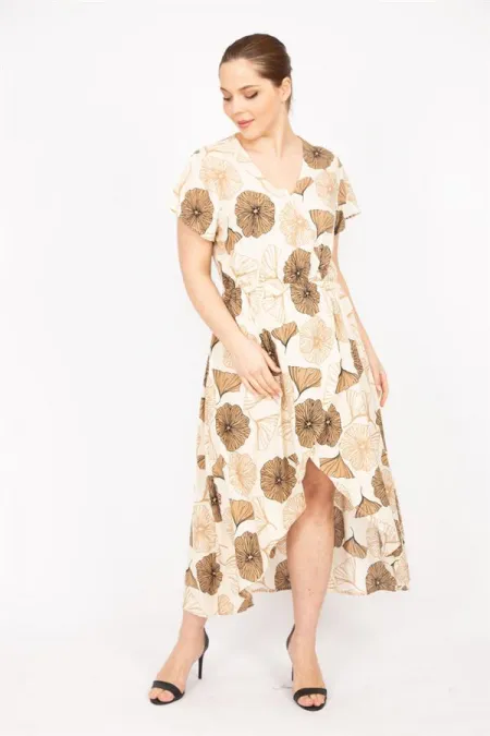 Kadın Bej Büyük Beden Dokuma Viskon Kumaş Eteği Anvelop Beli Lastikli Elbise 65N35832