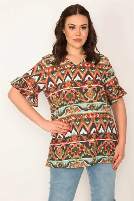 KADIN HAKİ V YAKALI VOLAN KOLLU BLUZ