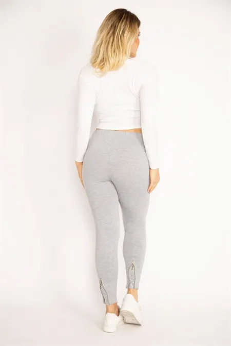 Kadın Gri Paça Fermuar Ve Taş Detaylı Tayt Pantolon 65N34882