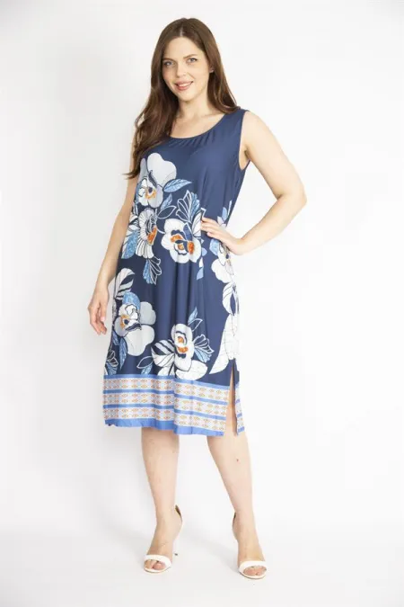 Kadın Lacivert Büyük Beden Yan Yırtmaçlı Kolsuz Elbise