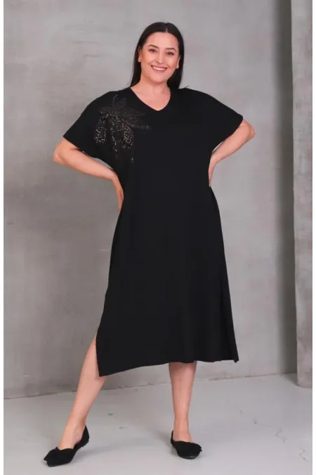 Kadın Büyük Beden Siyah, Omuz Pul Payet Çiçek Desenli, Rahat Kesim V Yaka Elbise 65N39088