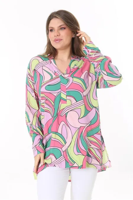 Kadın Büyük Beden Renkli Dokuma Viskon Kumaş Yan Yırtmaçlı V Yakalı Tunik 65N37789