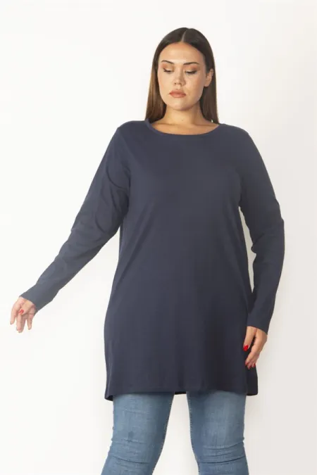 Kadın Lacivert Pamuklu Kumaş Bisiklet Yakalı Uzun Kollu Tunik 65N29895