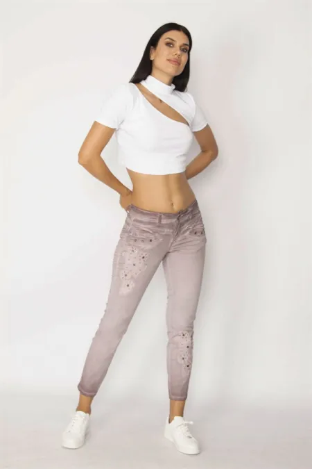 KADIN LİLA YIKAMALI GABARDİN KUMAŞ DANTEL VE BONCUK İŞLİ PANTOLON