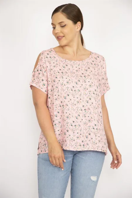 Kadın Pembe Büyük Beden Dokuma Viskon Kumaş Omuz Dekolteli Çiçek Desenli Bluz
