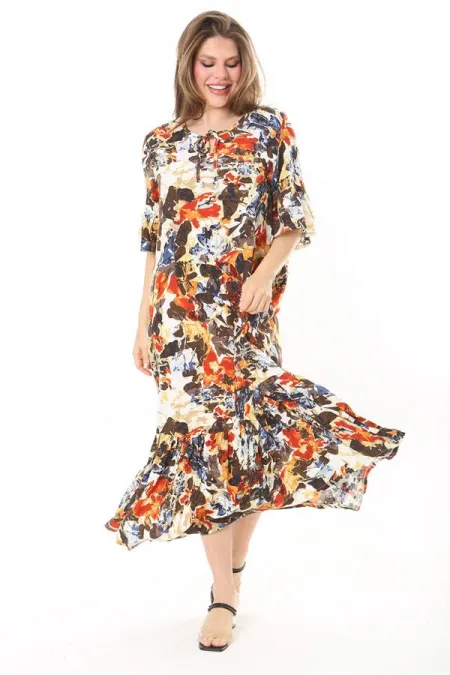 Kadın Büyük Beden Mavi Dokuma Viskon Kumaş Eteği Katlı Kısa Kollu Elbise 65N37868