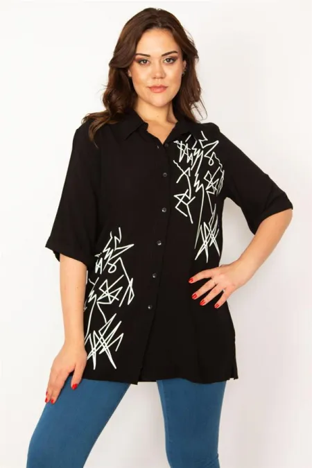 Kadın Mor Ön Düğmeli Baskı Detaylı Dokuma Viskon Kumaş Gömlek 65N33535