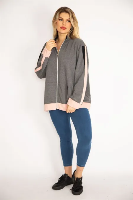 Women's Gray Front Zippered Kangaroo Pocket Sweatshirt Coat 65N35046