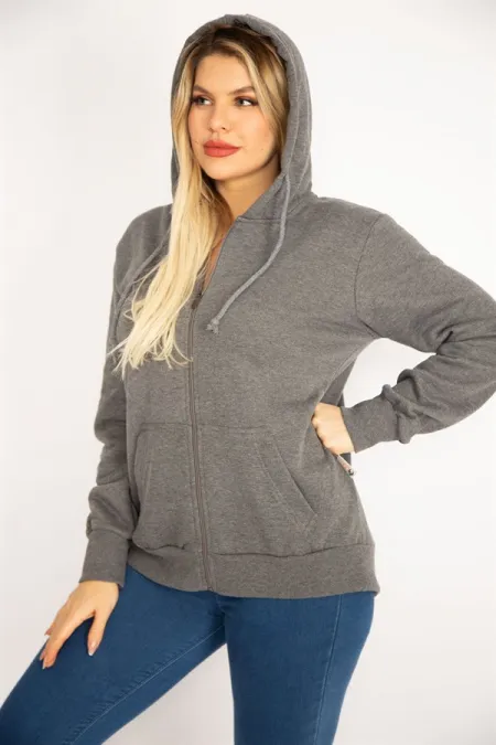 Kadın Gri Sırtı Çift Fermuar Ve Çıtçıt Düğme Ve Ön Fermuarlı İçi Şardonlu Sweatshirt 65N35069