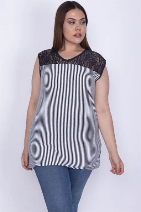 Kadın Lacivert Roba Dantelli Çizgili Bluz 65N26292