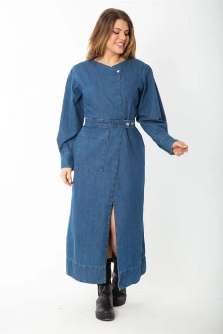 Kadın Lacivert Metal Düğmeli Anvelop Kot Elbise 65N37381