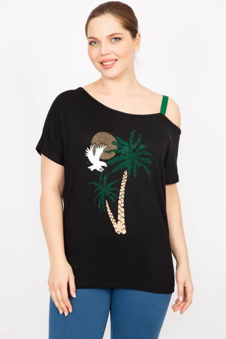 Kadın Siyah Büyük Beden Taş Ve Askı Detaylı Bluz