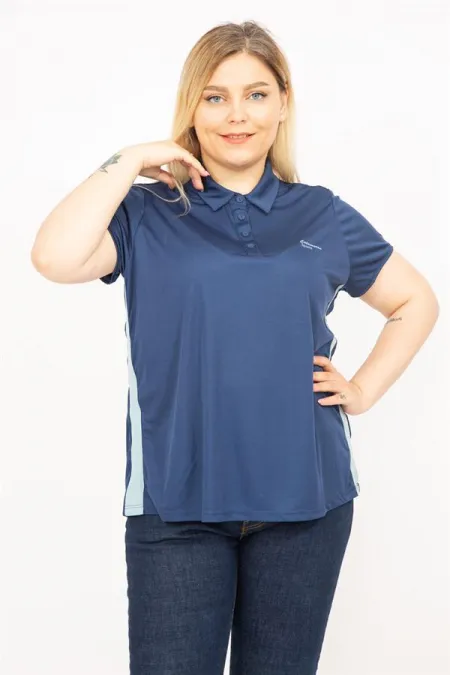 Kadın Lacivert Büyük Beden Polo Yakalı Yan Şeritli Spor Bluz 65N35771