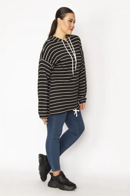 Women's Black Plus Size Front Placket Zippered Eyelet and Lace Detailed Hooded Striped Tunic