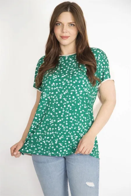Kadın Yeşil Büyük Beden Ön Desenli Düşük Kollu Bluz
