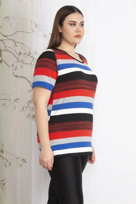 Kadın Büyük Beden Renkli Kısa Kollu Triko Dokuma Çizgili Bluz 65N36838