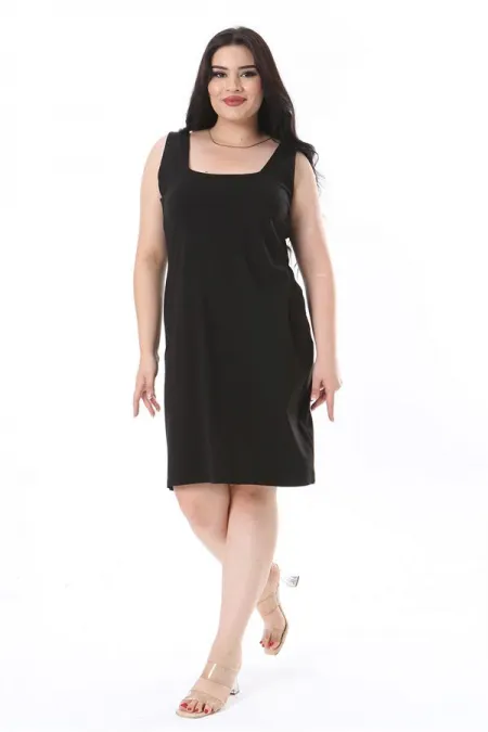 Kadın Büyük Beden Siyah Kalın Askılı Tunik Elbise 65N38240