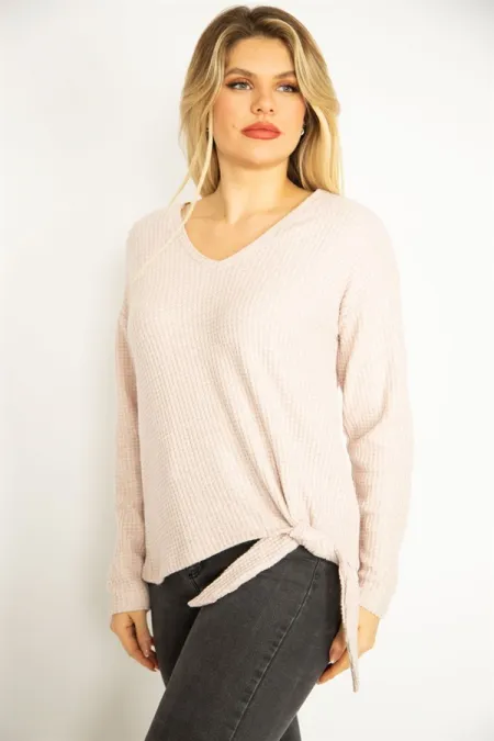 Kadın Gri V Yakalı Kabartma Desenli Ön Bağcıklı Bluz 65N35168