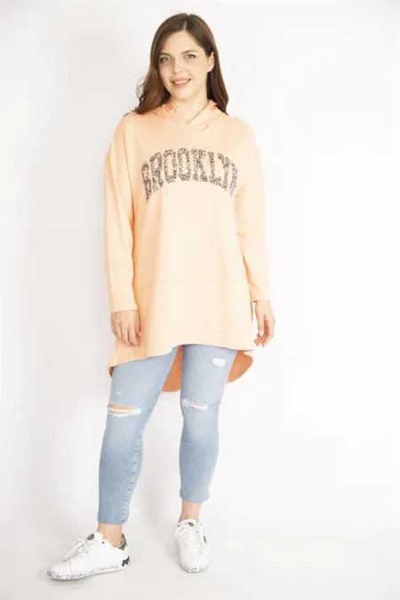 Kadın Somon Büyük Beden Payet Detaylı Kapşonlu Arkası Uzun Sweatshirt