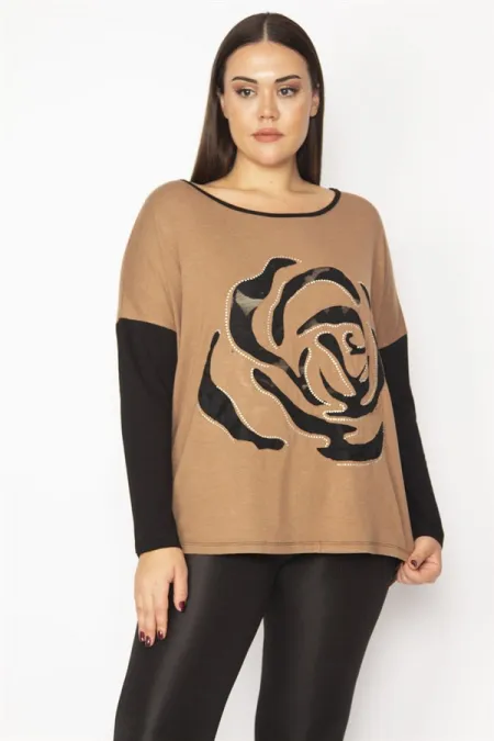 Kadın Camel Önü Flok Desen Ve Taş Detaylı İki Renkli Tunik 65N29336