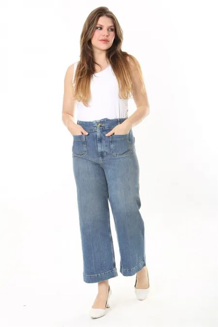 Jean en denim lycra bleu grande taille pour femme, taille haute, 4 poches, réf. 65N37923