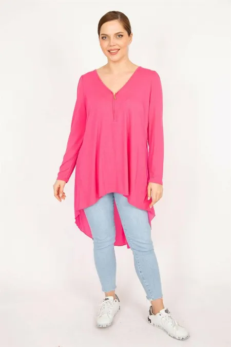 Kadın Pembe Büyük Beden Ön Pat Fermuar Ve Arka Detaylı Tunik