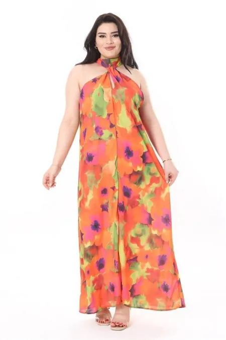 Kadın Büyük Beden Renkli Boyundan Bağlamalı Astarsız Krep Elbise 65N37940