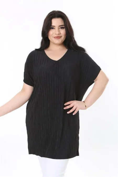 Kadın Büyük Beden Siyah V Yakalı Düşük Kollu Uzun Bluz 65N37999