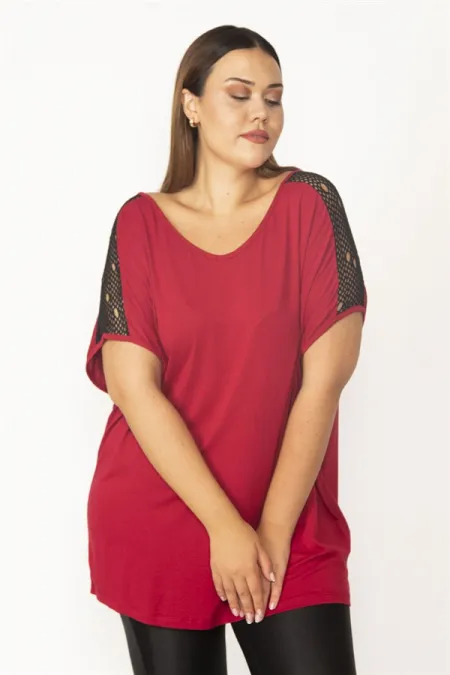 Kadın Bordo Omuz Dantelli V Yakalı Viskon Bluz 65N27507