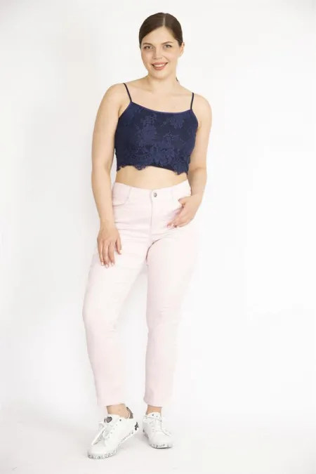 Kadın Pembe Büyük Beden 5 Cepli Likralı Gabardin Kumaş Pantolon